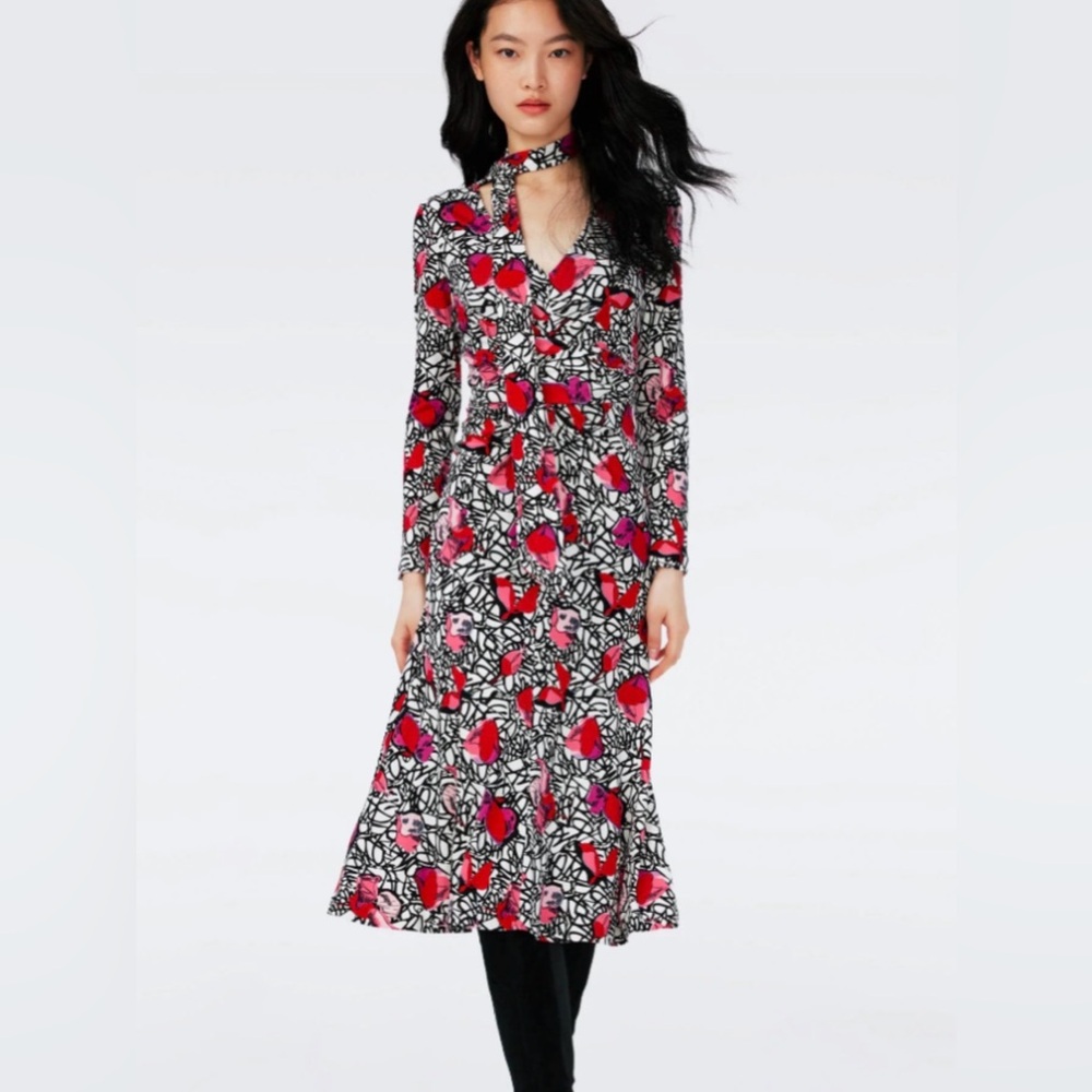 Diane Von Furstenberg Size XS • Marsha Dress Black White Pink Floral Jersey.